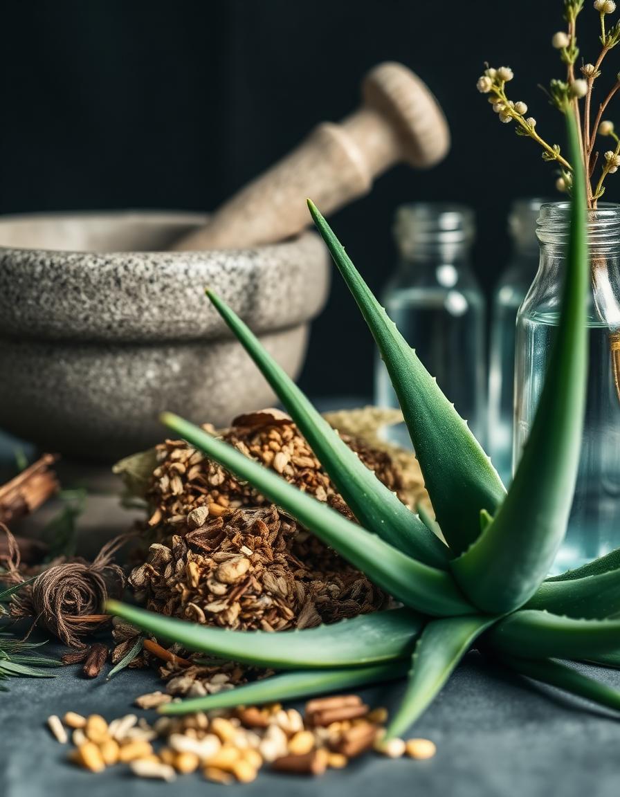 Erbe officinali e mortaio in still life elegante